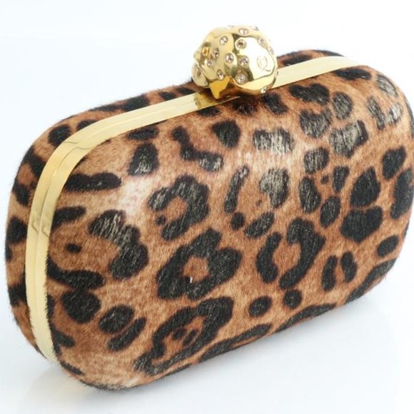 Alexander McQueen Box Leopard Print Calf Hair Skull Multicolor Leather Clutch - Picture 3 of 11